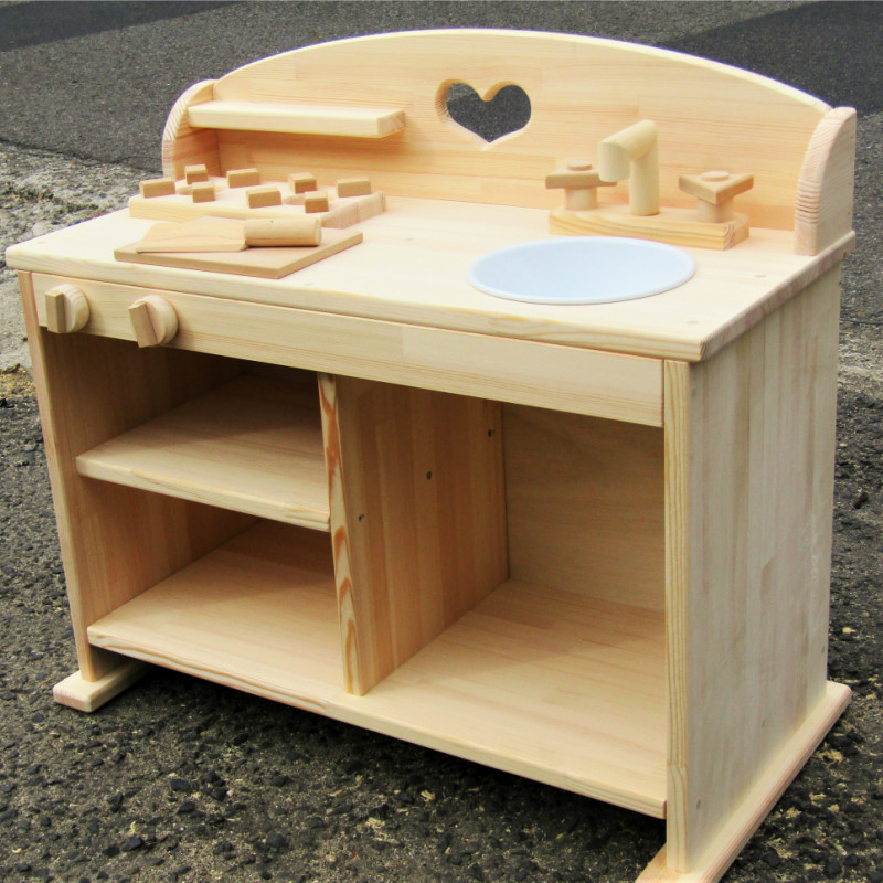 手作り 木製ままごとフルキッチン Uｈｋ 完成品です 自素材色バージョン Sosion夢工場