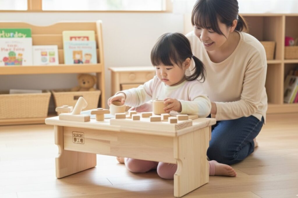 卓上型の手作り木製ままごとキッチンで遊ぶ女の子とお母さん