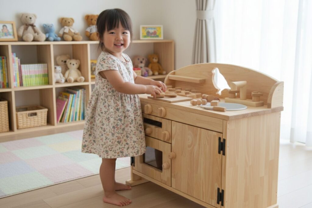 おおきな手作り木製ままごとフルキッチンで遊ぶ女の子