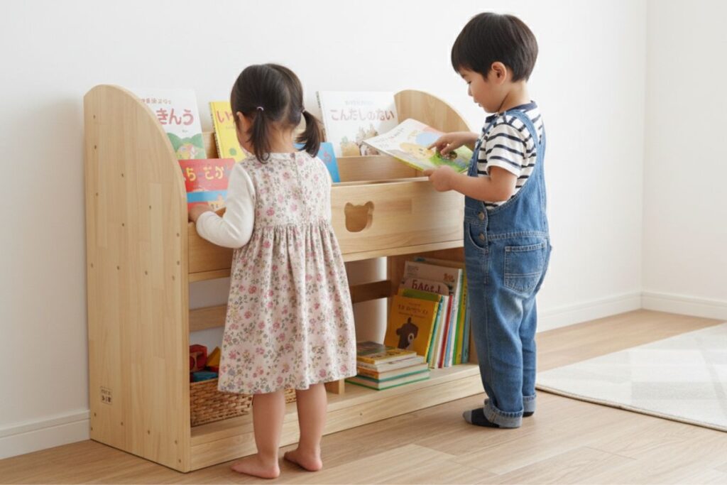 可愛いくまの透かしの入った絵本棚の前に子どもが絵本を選んでいる