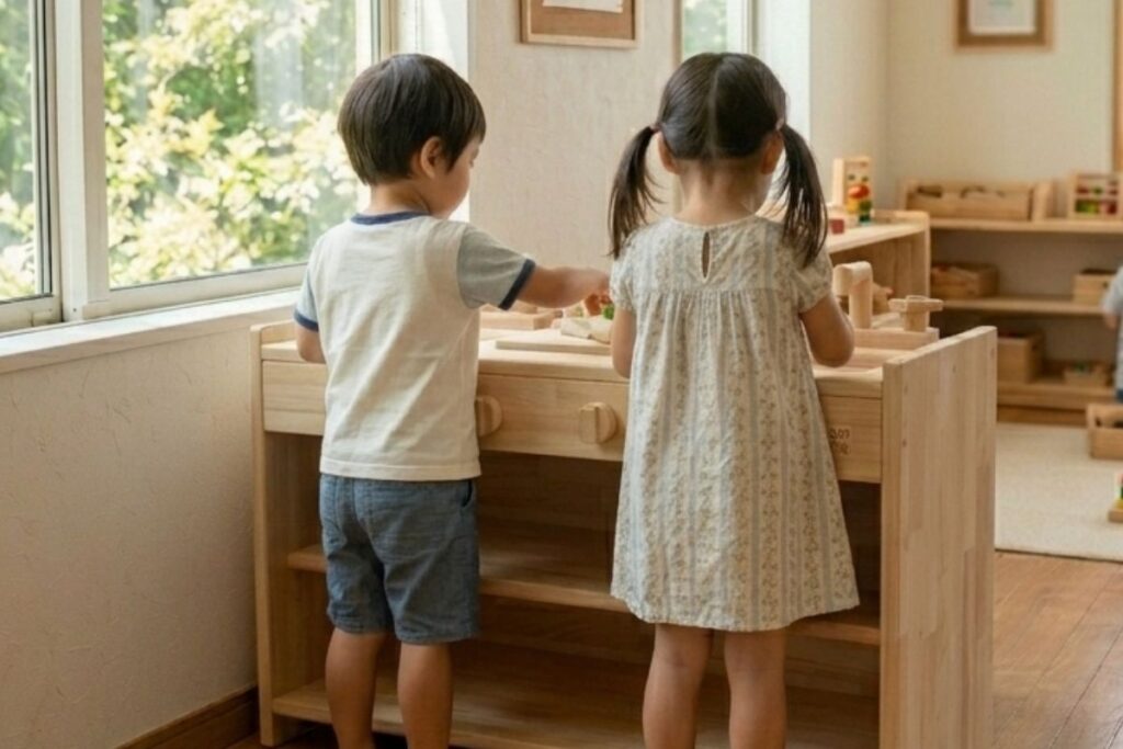 施設用ままごとキッチンで遊ぶ子どもが二人