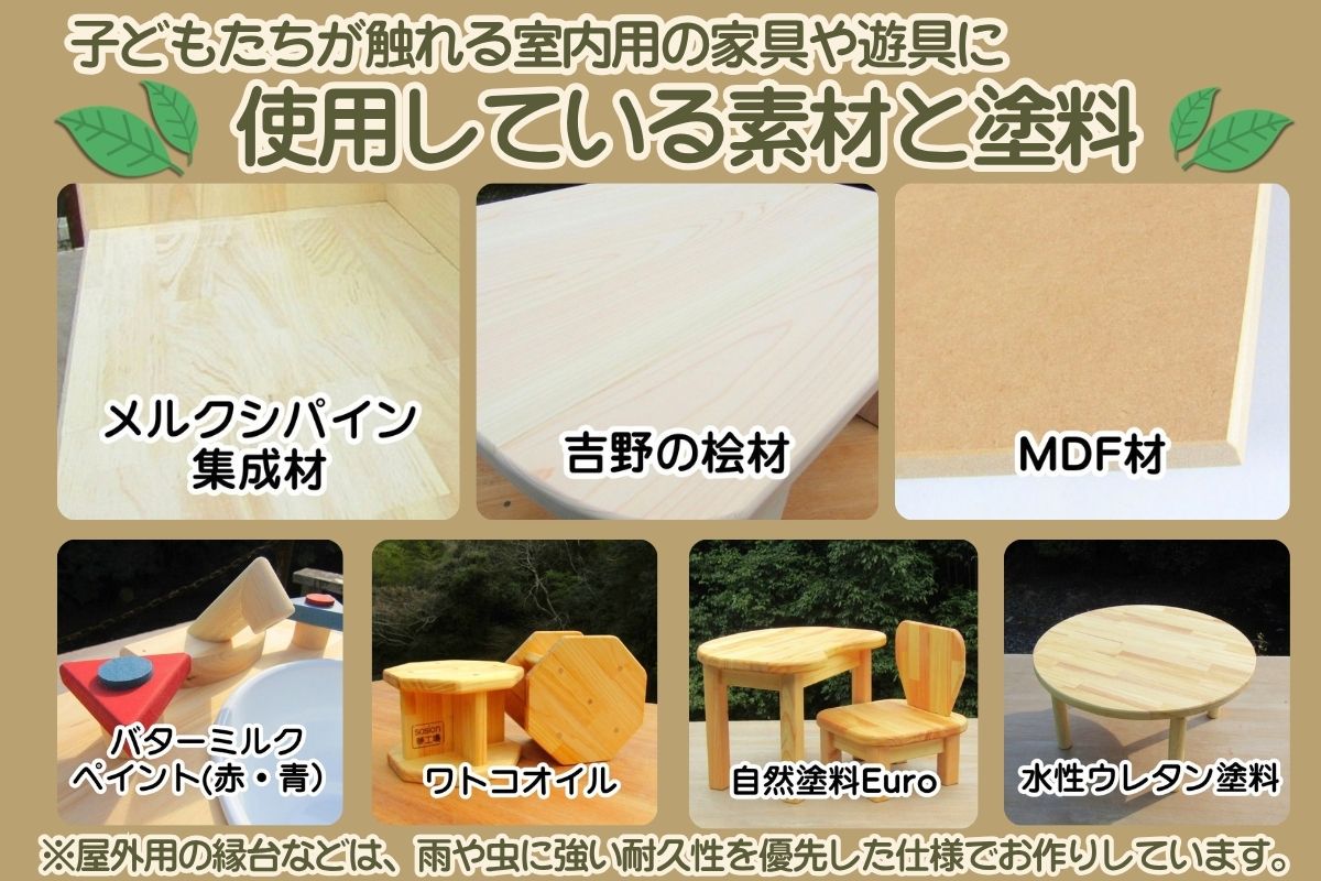 子どもたちが触れる室内用の家具や遊具に使用している素材と塗料